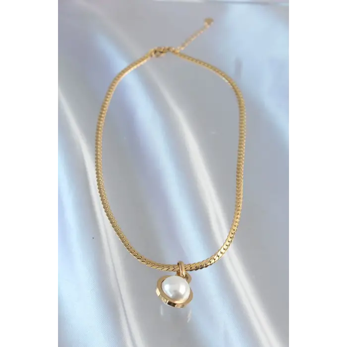 316L Çelik Gold Renk Yassı Zincir İnci Taşlı Kolye