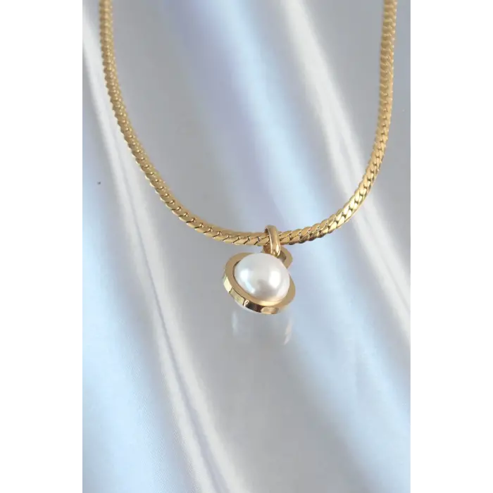 316L Çelik Gold Renk Yassı Zincir İnci Taşlı Kolye 5886