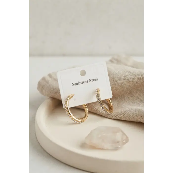 316L Çelik Gold Renk Zirkon Taşlı Halka Model Küpe