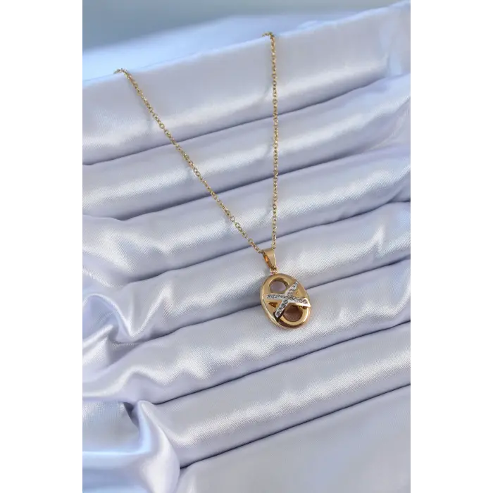 316L Çelik Gold Renk Zirkon Taşlı Kadın Kolye 5886