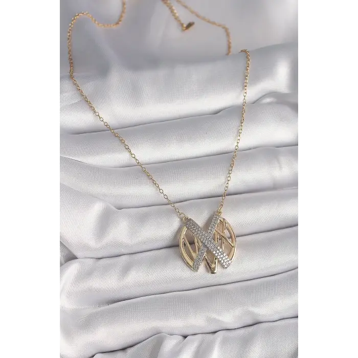 316L Çelik Gold Renk Zirkon Taşlı Vintage Model Kadın Kolye
