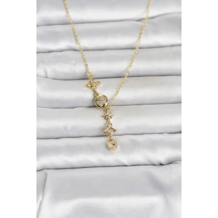316L Çelik Gold Renk Zirkon Taşlı Y Kadın Kolye
