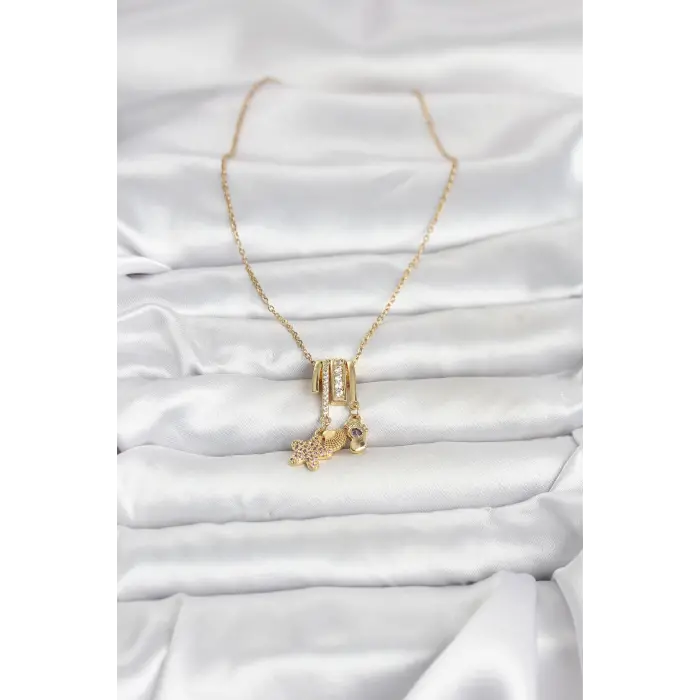 316L Çelik Gold Zirkon Taşlı Deniz Tema Charmlı Kadın Kolye 5886