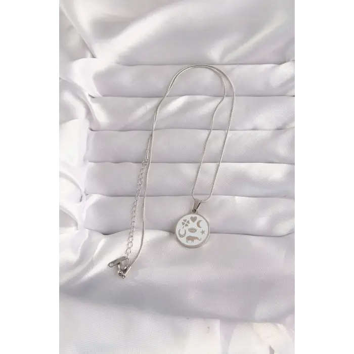316L Çelik Gümüş Renk Beyaz Mineli Karışık Figürlü Tarot Kolye 5886