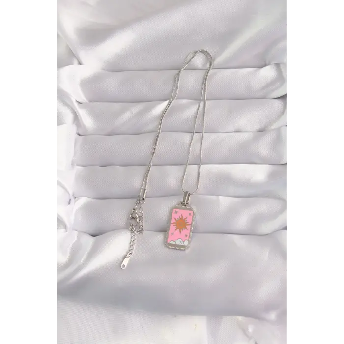 316L Çelik Gümüş Renk Pembe Mineli Güneş Model Tarot Kolye 5886