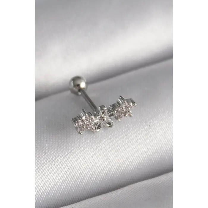 316L Çelik Gümüş Renk Zirkon Taşlı Çiçek Tragus Piercing