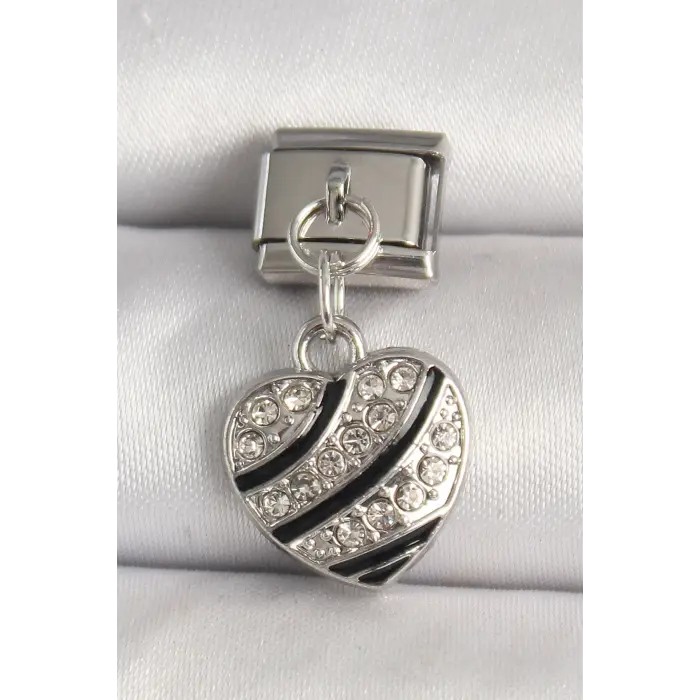 316L Çelik Gümüş Renk Zirkon Taşlı Kalp Model Nomination Charm