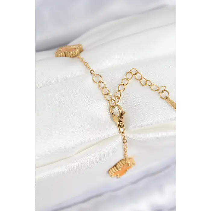 316L Çelik Sedefli Turuncu Gold Renk Yonca Kadın Bileklik 5886