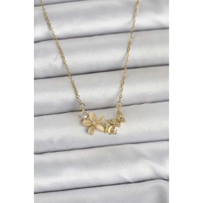 316L Çelik Zincir Gold Renk Çiçek ve Kelebek Model Kadın Kolye