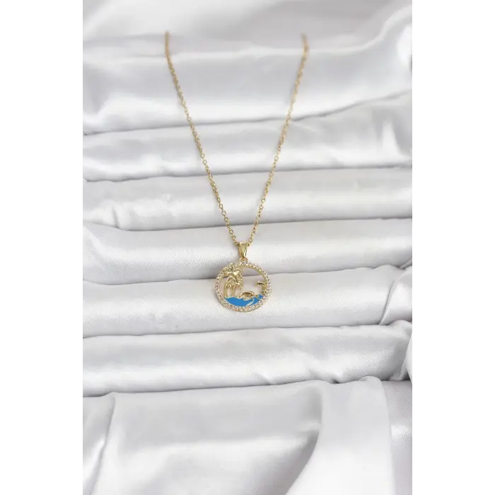 316L Çelik Zincir Gold Renk Zirkon Taşlı Deniz Temalı Kadın Kolye 5886