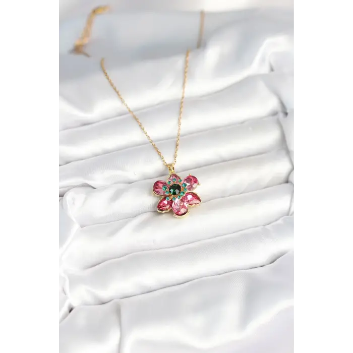 316L Çelik Zincirli Pembe Çiçek Model Kadın Kolye 5886