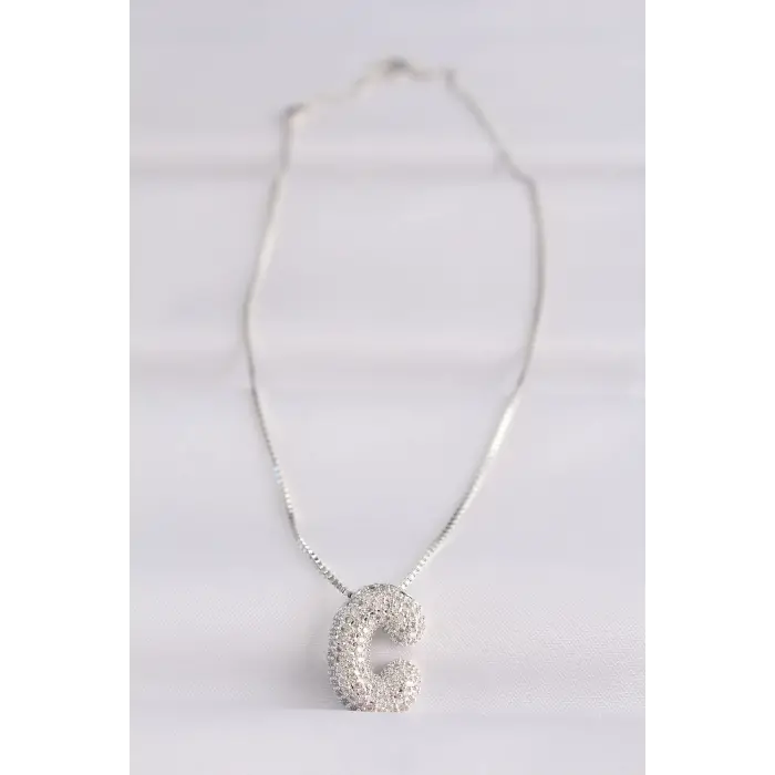316L Çelik Zincirli Zirkon Taşlı C Harfli Silver Renk Bubble Kolye 5886