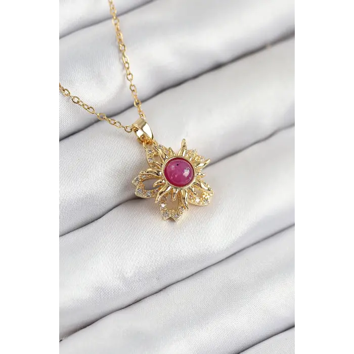 316L Çelik Zirkon Taşlı Döner Güneş Model Gold Renk Kadın Kolye