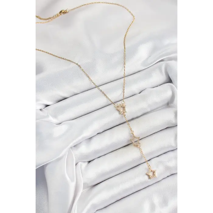 316L Çelik Zirkon Taşlı Yıldız Figürlü Y Model Gold Renk Kadın Kolye 5886