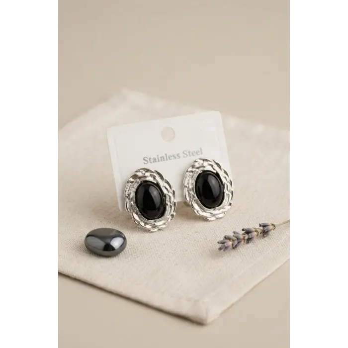 316L Gümüş Renk Vintage Siyah İncili Model Küpe