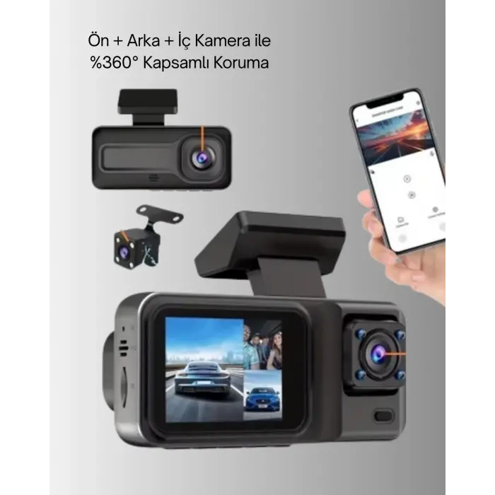 360° Kapsama Sahip Full HD Araç Kamerası 3’lü Kayıt Gece Görüşlü DashCam