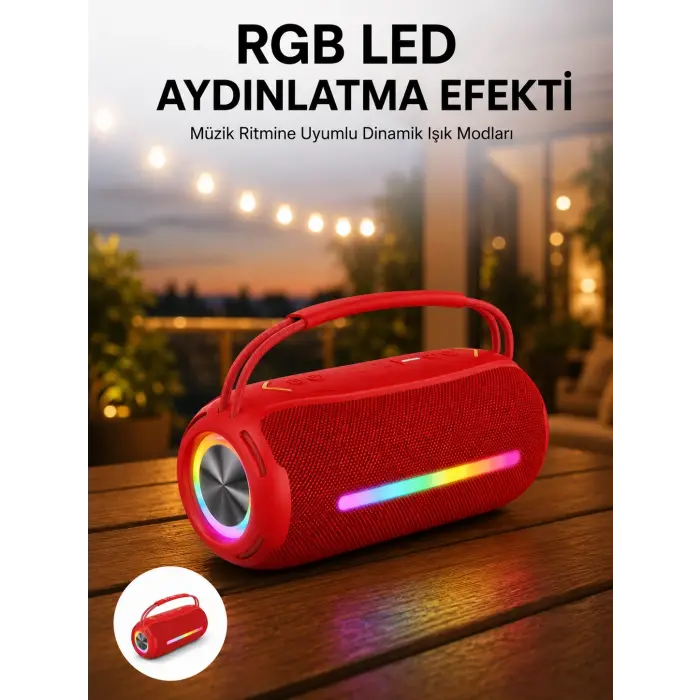 360 RGB LEDli Taşınabilir Bluetooth Hoparlör – Kırmızı, USB/TF Destekli