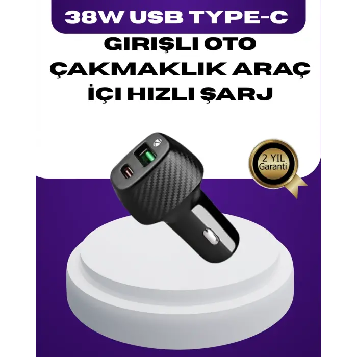 38W Çift Çıkışlı Araç Şarj Cihazı – Type-C ve USB PD Destekli