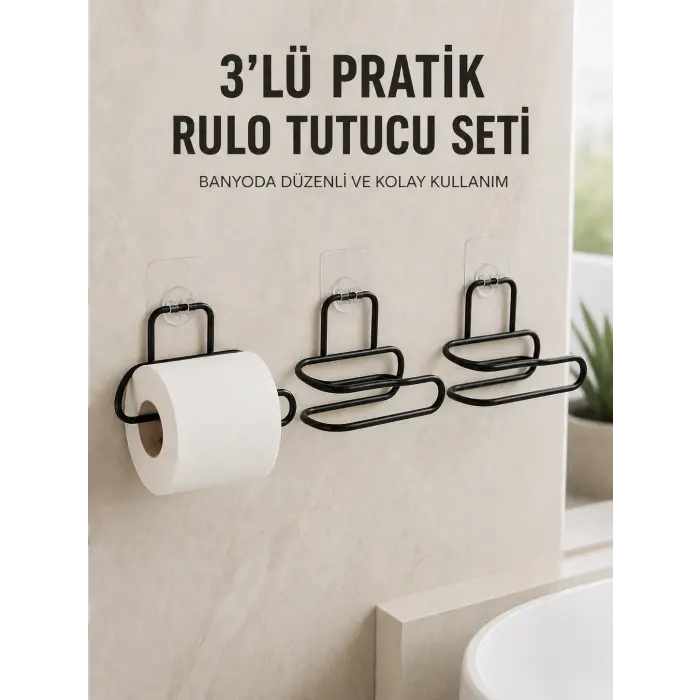 3’lü Yapışkanlı Tuvalet Kağıdı Tutucu Seti Siyah Duvar Tipi Rulo Kağıtlık