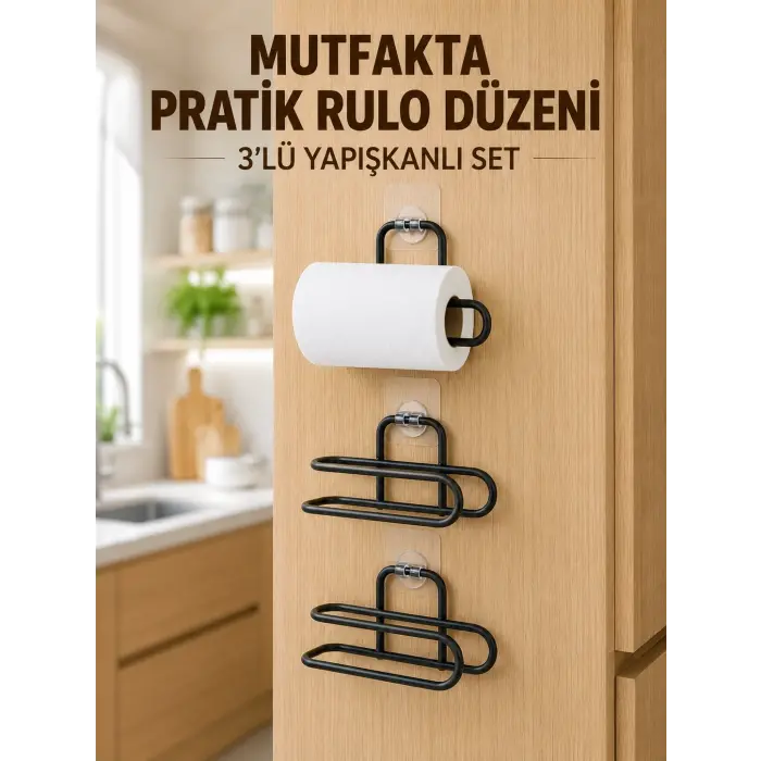3’lü Yapışkanlı WC Kağıtlığı Siyah Rulo Tutucu Banyo ve Mutfak Kullanımı