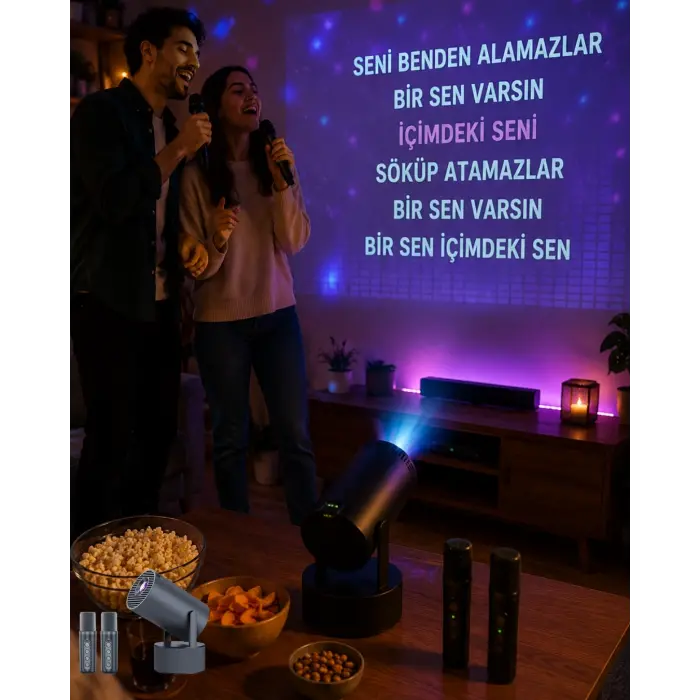 3ü 1 Arada Karaoke ve Projeksiyon Sistemi Çift Mikrofon Destekli