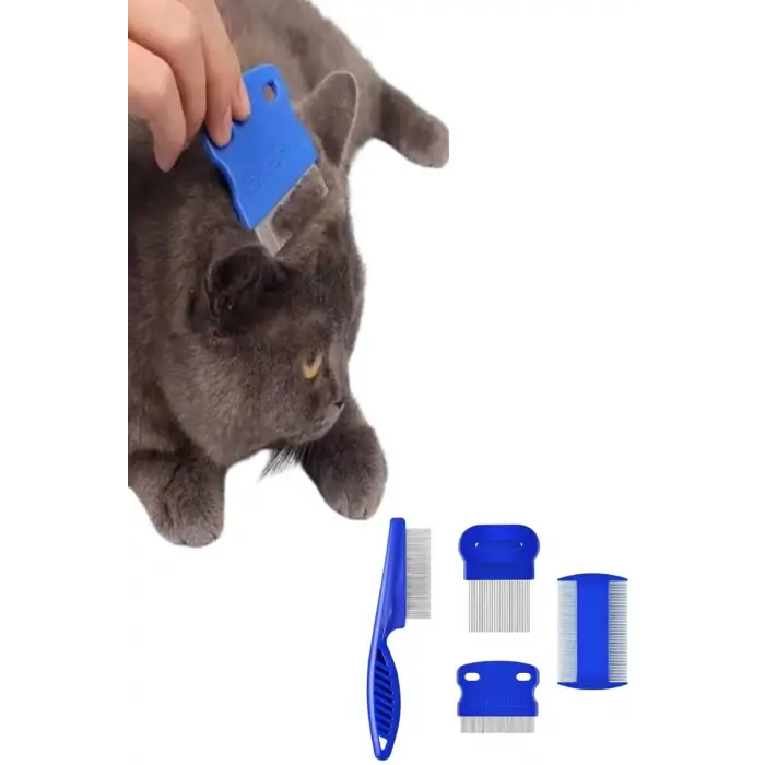 4lü Bit Pire Tarağı Set Kedi Köpek Evcil Hayvan Tüy Toplayıcı Mavi