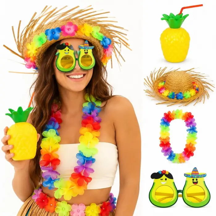 4 Parça Hawaii Parti Seti Ananas Bardak Hasır Şapka Avokado Gözlük Çiçek Kolye Bx40