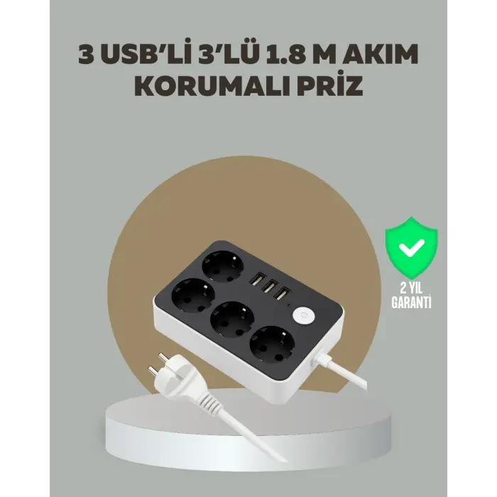 4 Prizli 3 USB Portlu Anahtarlı Akım Korumalı Priz