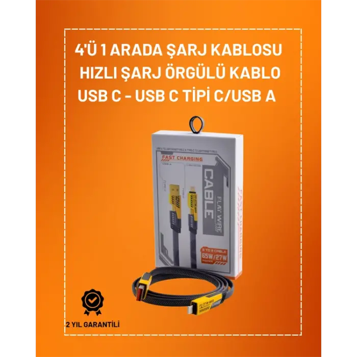 4ü 1 Arada USB Hızlı Şarj ve Veri Kablosu – 65W Güç, Çoklu Bağlantı, 1.2m