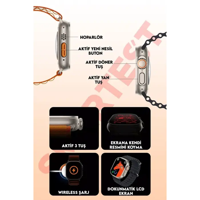49mm Gümüş Kasa Kilitli Vidalı Turuncu Silikon Kordon SIM Kartlı GPS Nabız Sensörlü Akıllı Saat