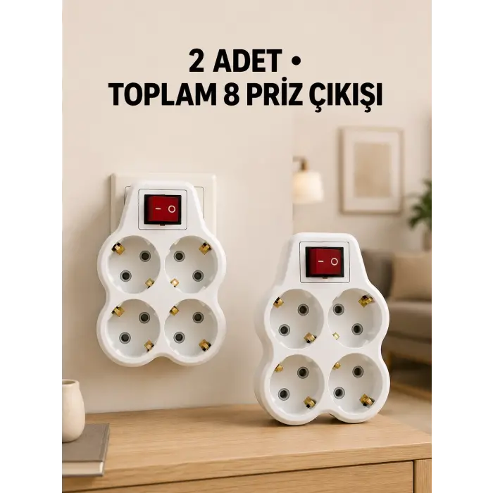 4’lü Priz Çoğaltıcı 2 Adet Set Kablosuz Duvar Tipi Anahtarlı Priz Çoklayıcı