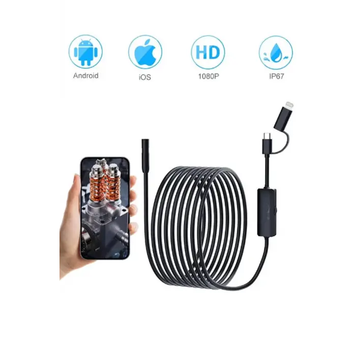 5 Metre Endoskop Yılan Video Kamera Ios Ve Android Uyumlu Led’li 8 Mm Sert Kablo 2mp