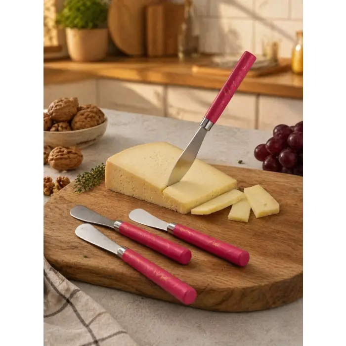 5 Parça  Uzun Kahvaltı Bıçak - Kırmızı Mermer Desen Saplı 16.5 Cm Bx40