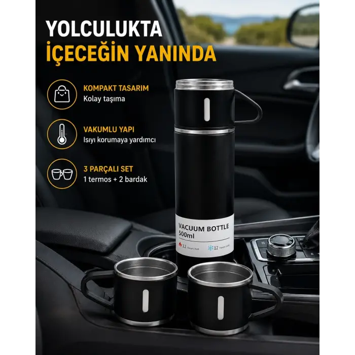 500 ml Paslanmaz Çelik Termos Seti – Sızdırmaz, Vakumlu, Isı Koruma Özellikli, Taşınabilir Termos