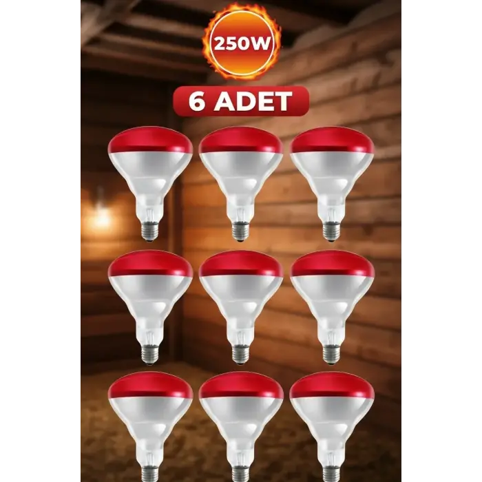 (6 Adet) 250W Kızılötesi Isıtıcılı Hayvan Isıtma ve Kuluçka Lambası (Kırmızı Işık) E27 (Kalın Duy)