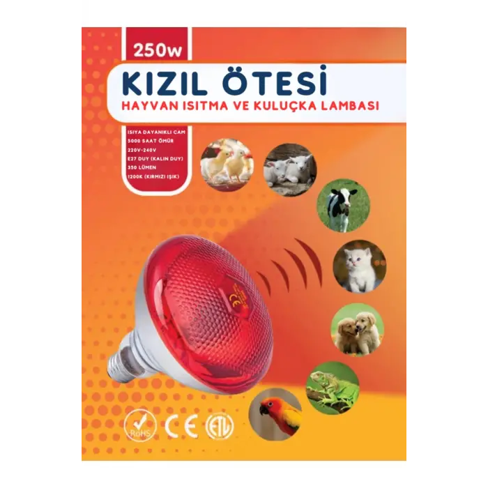 (6 Adet) 250W Kızılötesi Isıtıcılı Hayvan Isıtma ve Kuluçka Lambası (Kırmızı Işık) E27 (Kalın Duy)