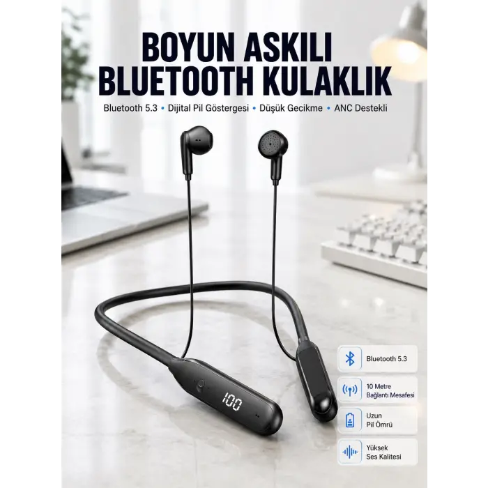 60 Saat Kablolu Boyun Askılı Dijital Göstergeli Bluetooth Kulaklığı Yeni Nesil
