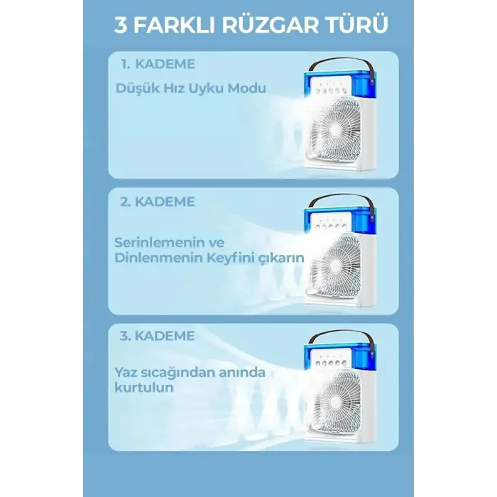600 ml Su Hazneli Masaüstü Vantilatör, Çok Renkli Işıklı ve Buhar Nemlendirme Özellikli