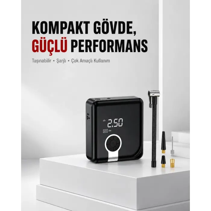 6000mAh Bataryalı Type-C Şarjlı Diyafram Tip Kompresör LED Işıklı