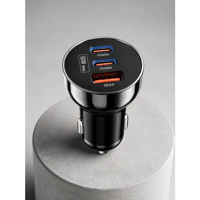 60W Araç Şarj Cihazı Çift Type-C PD ve USB QC3.0 Hızlı Şarj Adaptörü