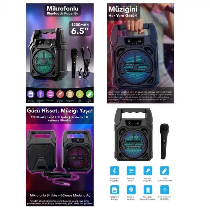 6.5 Inc Bluetooth Wireless Mikrofonlu Hoparlör - Speaker Usb Sarjlı Aux - Tf - Usb Ps-1283 Bx40