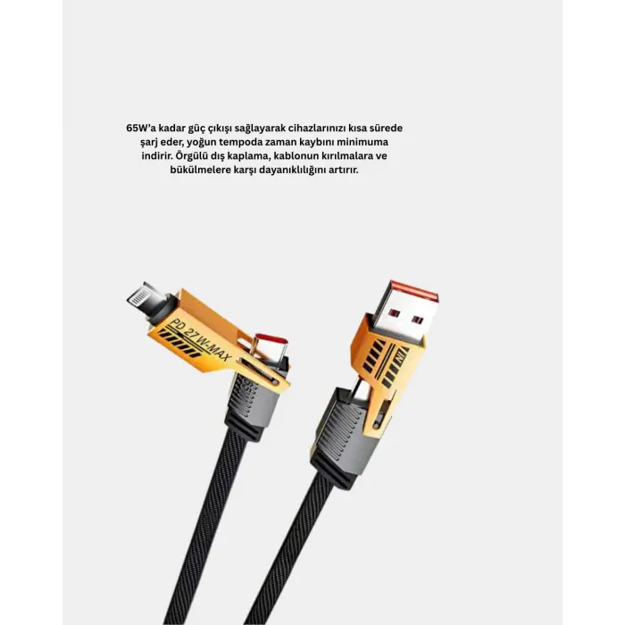 65W 4’ü 1 Arada Örgülü Hızlı Şarj Kablosu USB-C USB-A Çoklu Şarj Dayanıklı