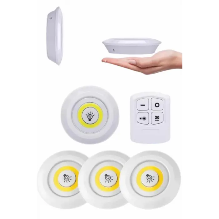 Yapışkanlı 3lü Spot Led Işık Lamba Montajsız Pilli Uzaktan Kumandalı
