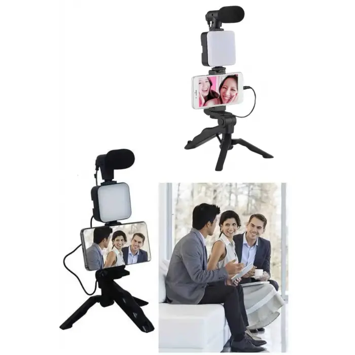 Telefon Tutucu Led Işıklı Kumandalı Mikrofon Telefon Vlog Video Kayıt