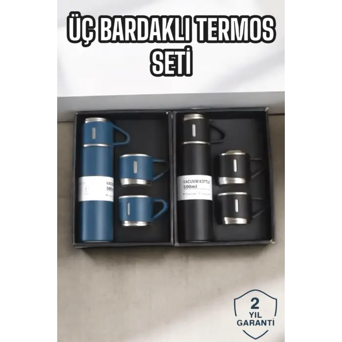 Şık ve Dayanıklı 3 Bardaklı Termos Seti Uzun Süre Isı Koruma Özellikli