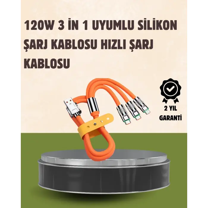 120 W Şarj ve Veri Aktarımı Kablo– 3 Başlıklı Çok Amaçlı Kablo Yüksek Hızlı