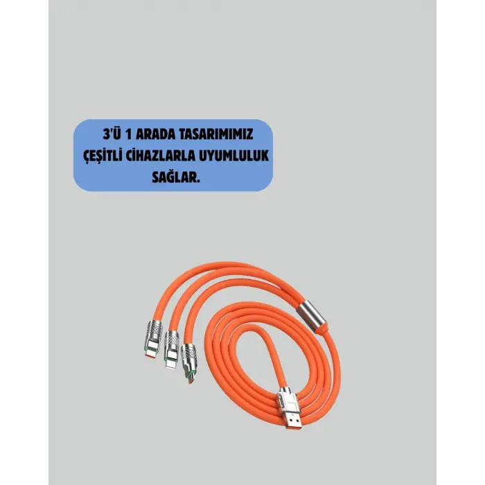 120 W Şarj ve Veri Aktarımı Kablo– 3 Başlıklı Çok Amaçlı Kablo Yüksek Hızlı