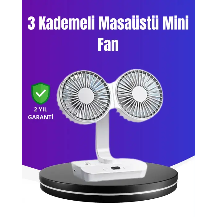 720° Döner Çift Taraflı Masaüstü Vantilatör – USB Şarjlı Sessiz Fan
