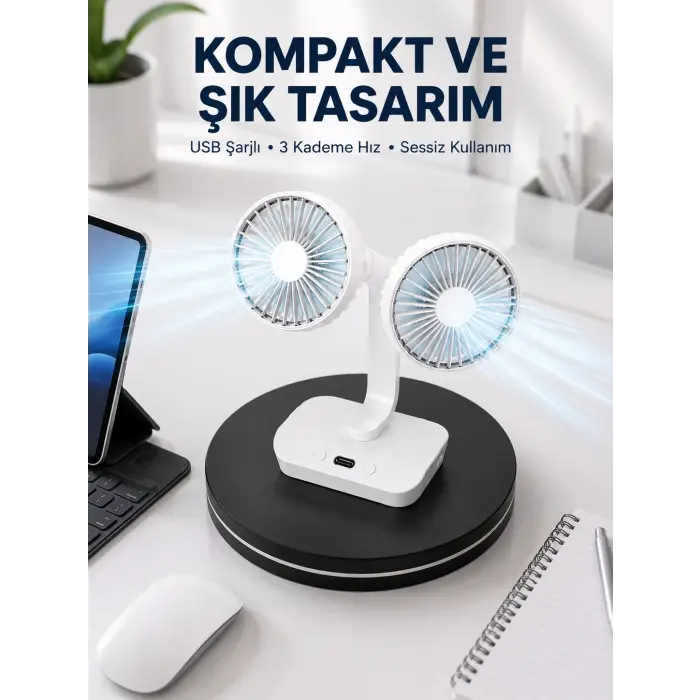 720° Döner Çift Taraflı Masaüstü Vantilatör – USB Şarjlı Sessiz Fan