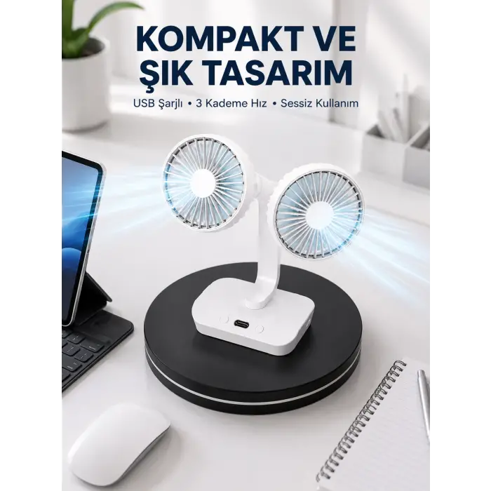 720° Döner Çift Taraflı Masaüstü Vantilatör – USB Şarjlı Sessiz Fan